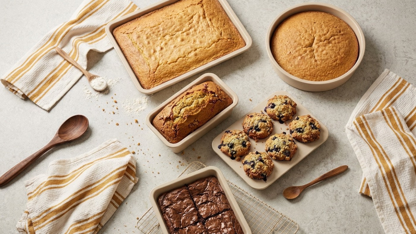 Ronde cakevorm, broodbakvorm en bakplaat van Cook & Pan naast elkaar om de maten te vergelijken