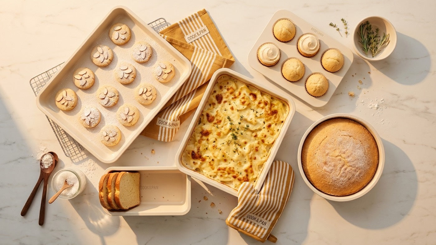 PFAS vrije bakvormen van Cook & Pan met koekjes, muffins en een ovenschaal