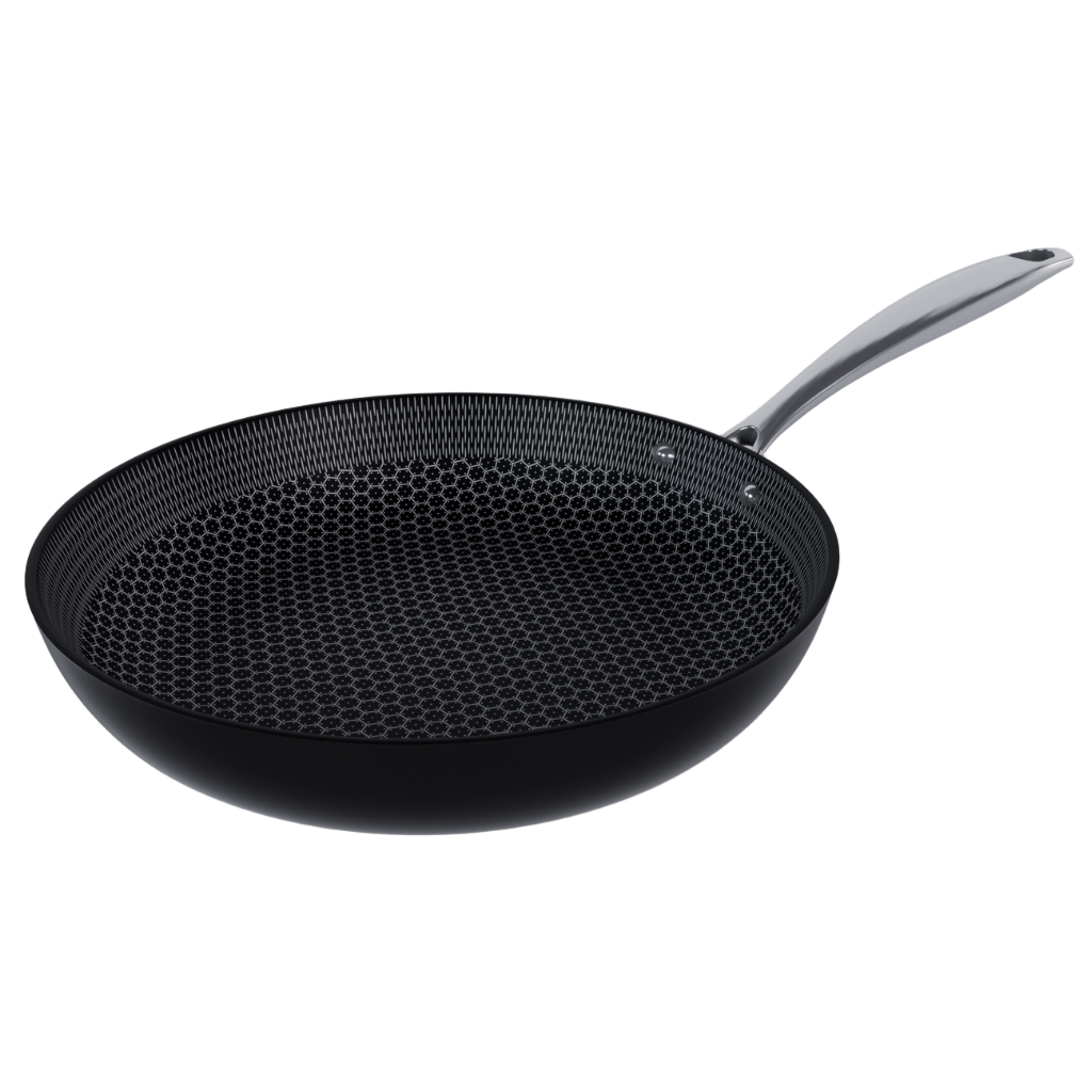 Zwarte koekenpan met honingraat antiaanbaklaag en roestvrijstalen handgreep, 20 cm.