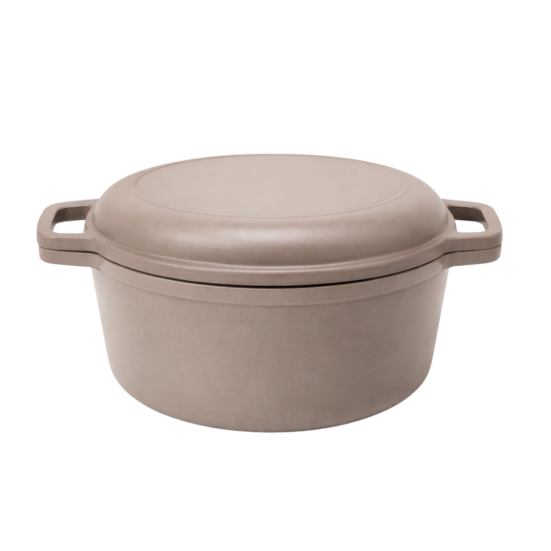Taupe dutch oven with round lid and double handles, 2-in-1 design.