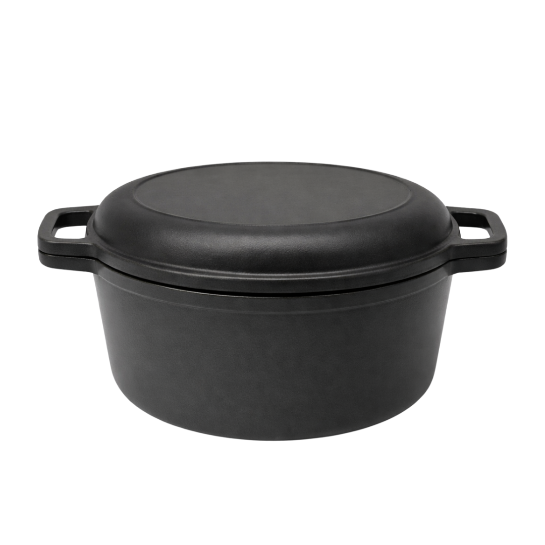 Black dutch oven with lid and double handles.