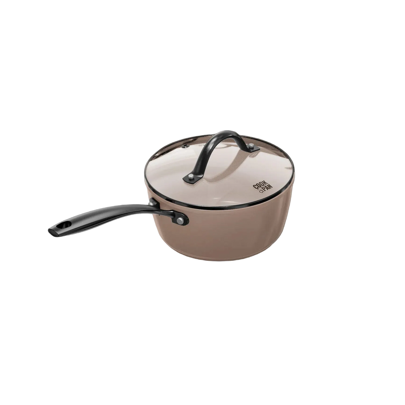 Taupe saucepan with black handles and glass lid, diameter 18 cm.