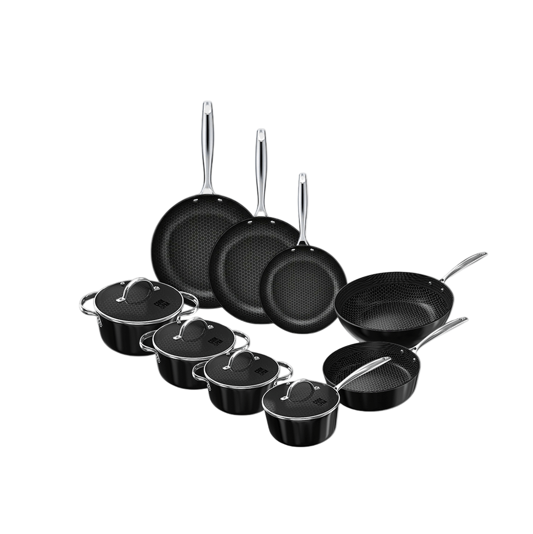 Black 9-piece cookware set with non-stick coating, three pots and pans with glass lids and six saucepans with long handles.