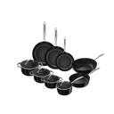 Black 9-piece cookware set with non-stick coating, three pots and pans with glass lids and six saucepans with long handles.