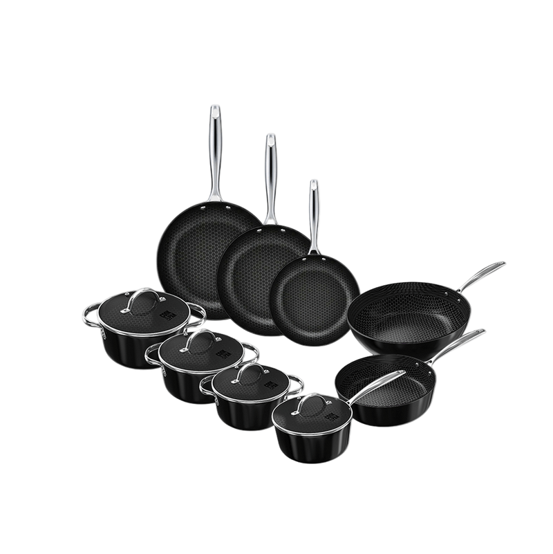 Schwarzes 9-teiliges Topfset und Pfannenset mit Antihaftbeschichtung, drei Pfannen mit Glasdeckeln und sechs Sauteusen mit langen Griffen.