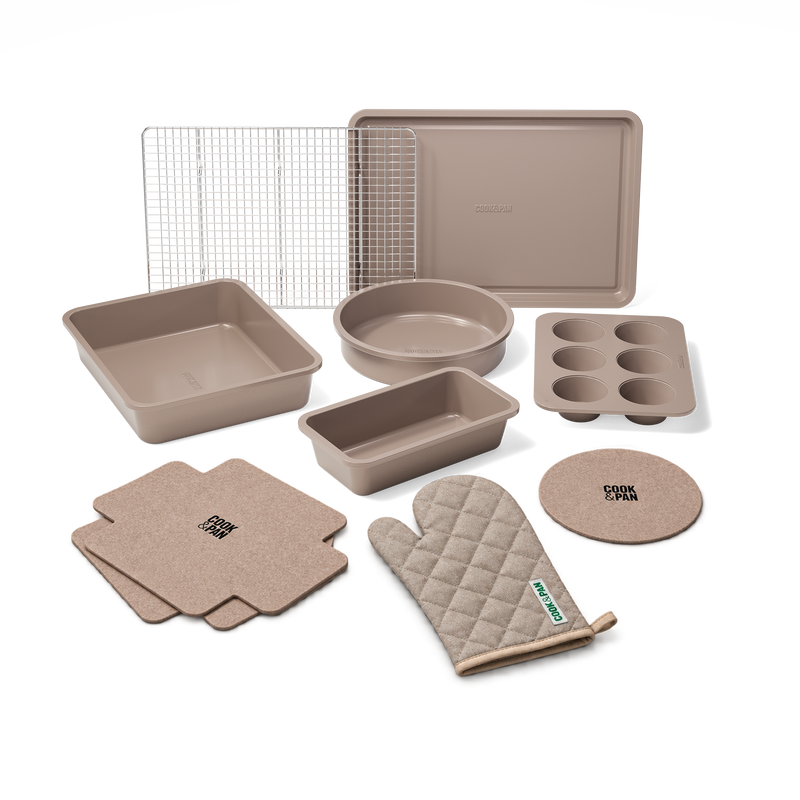 10-piece Taupe baking set with baking pans, baking sheets, oven mitt and kitchen linens