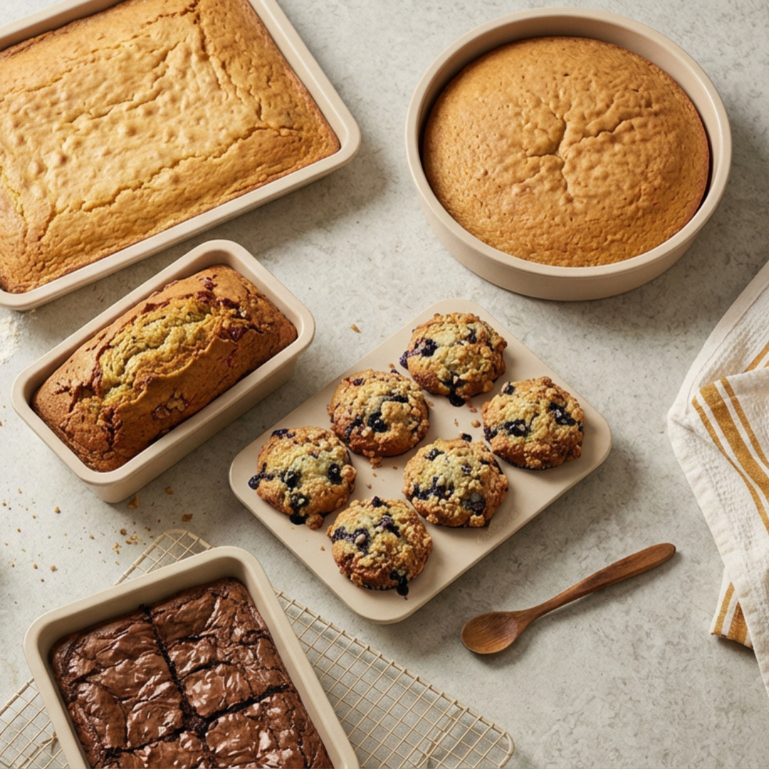 9-teiliges elfenbeinfarbenes Backset mit runden, rechteckigen und quadratischen Backformen gefüllt mit gebackenem Kuchen und Muffins.