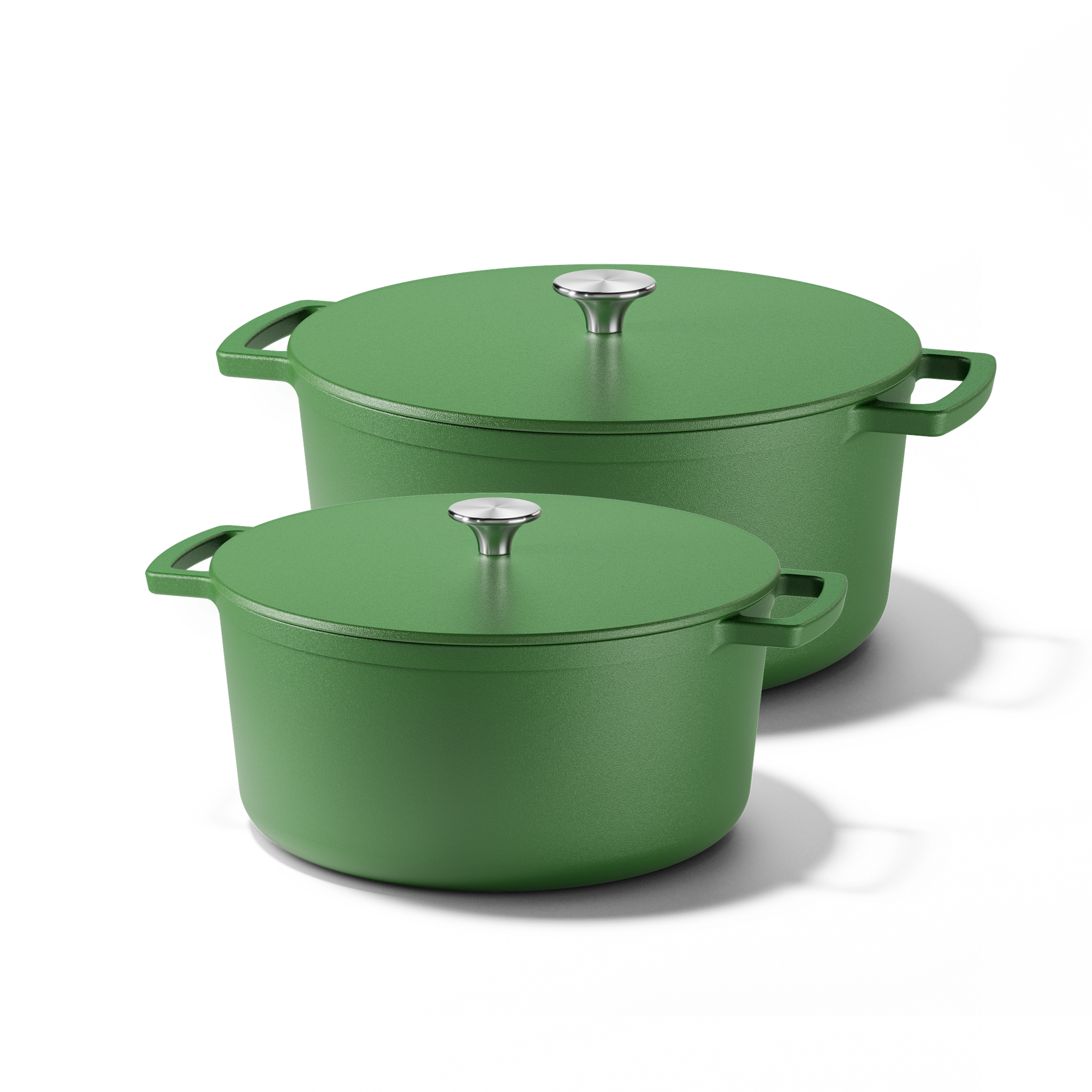 Go Green gietijzeren braadpannenset met twee groene pannen en bijpassende deksels