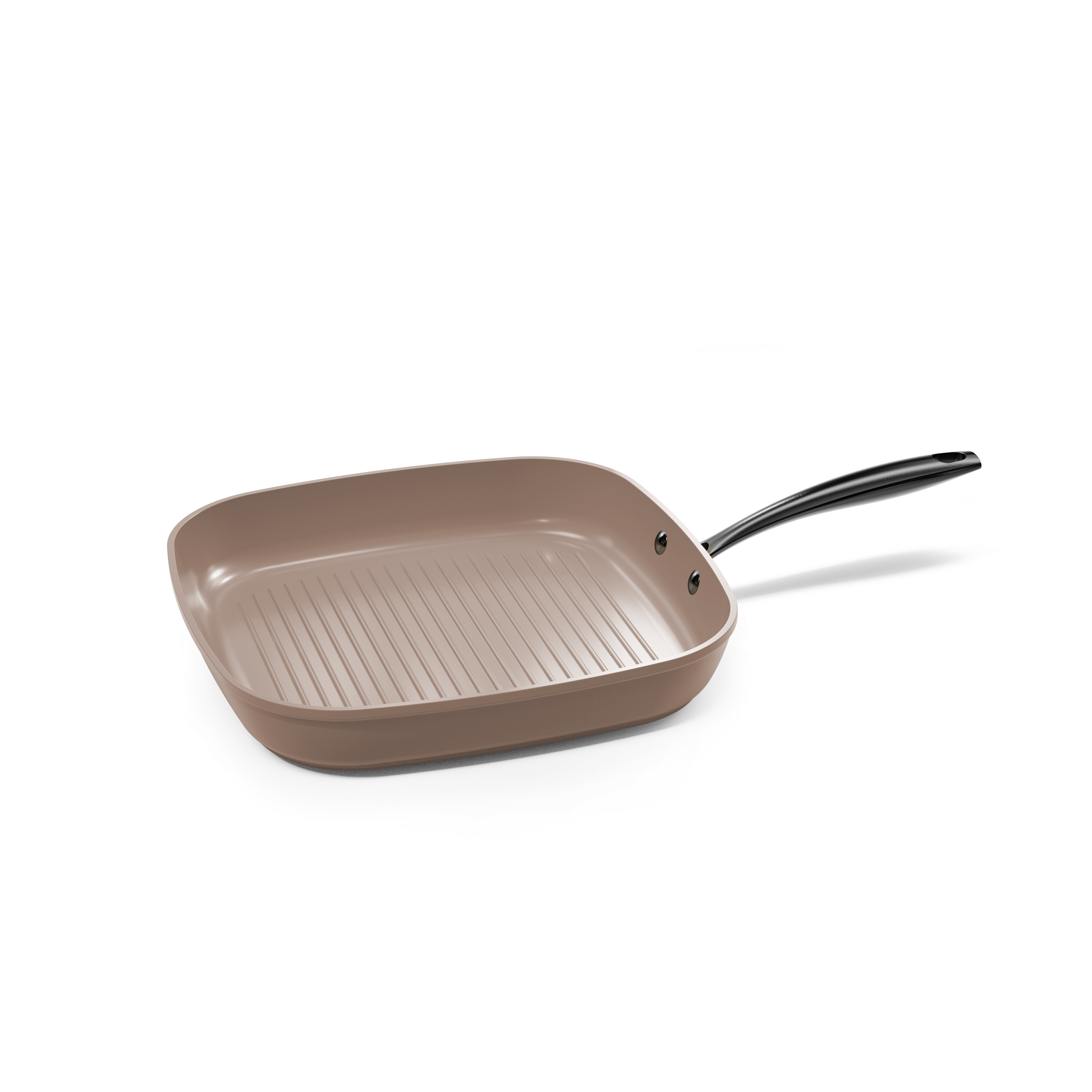 Taupefarbene Grillpfanne von 28 cm mit geriffeltem Boden und schwarzem Griff.