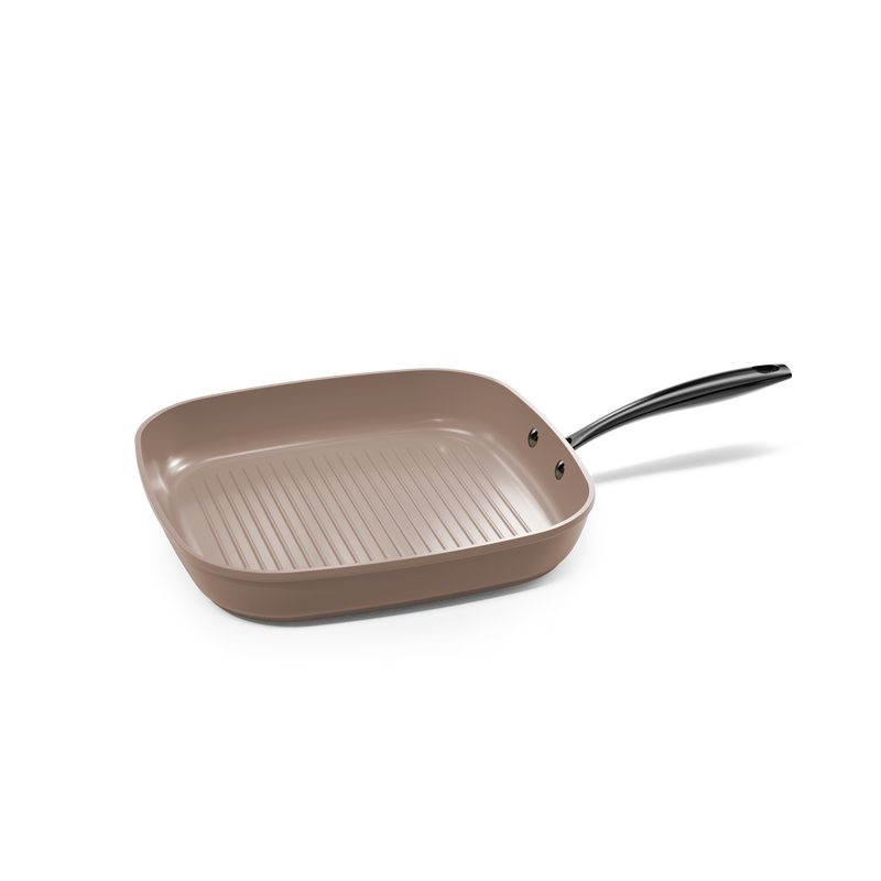 Taupefarbene Grillpfanne von 28 cm mit geriffeltem Boden und schwarzem Griff.