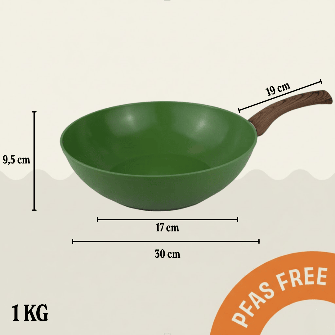 Poêle wok verte de 30 cm avec poignée en bois et revêtement antiadhésif, Sans PFAS.