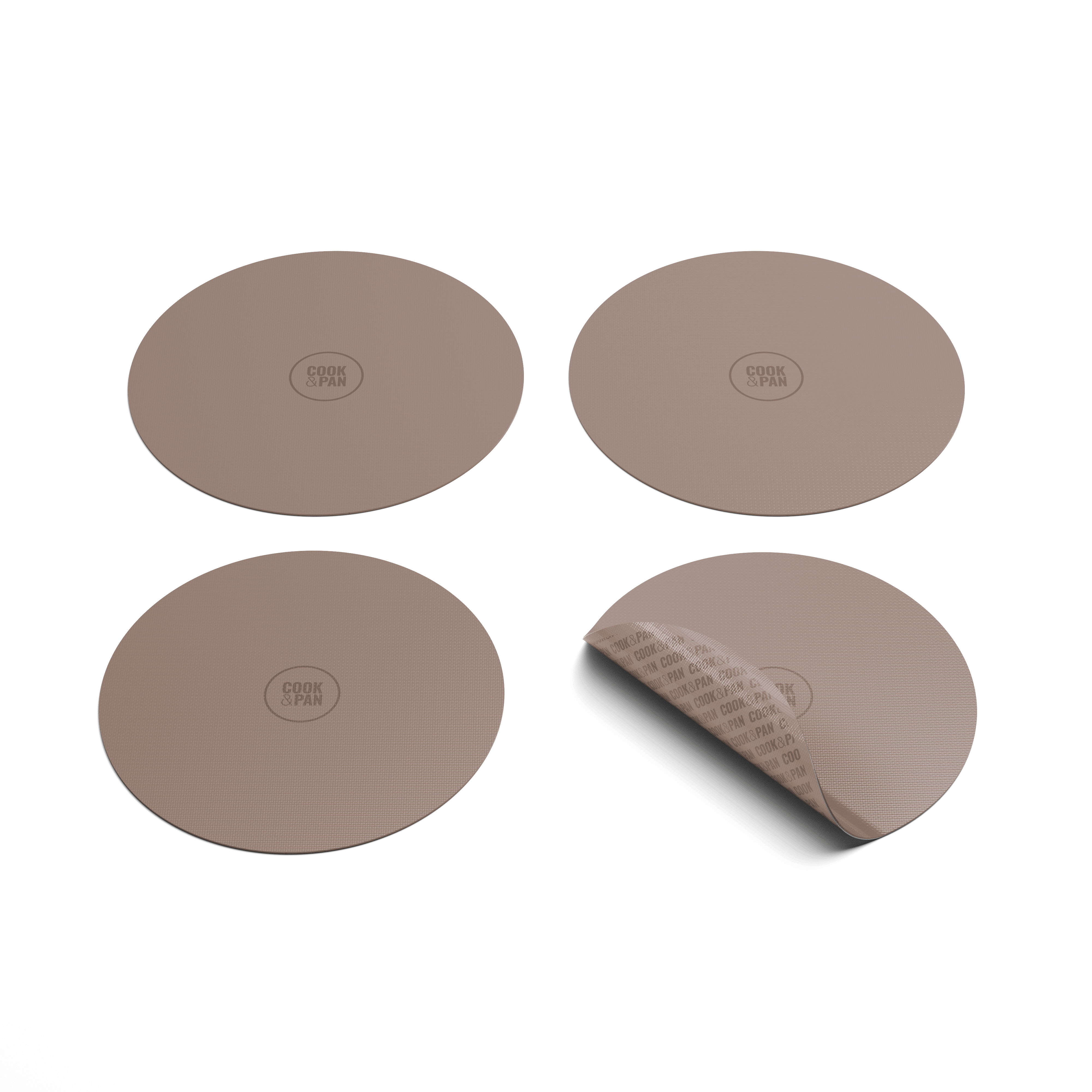 Set aus vier Inductionsschutzfolien von Cook & Pan in Taupe, eine davon mit sichtbarem Schutzrücken