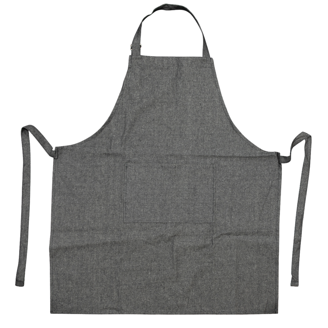 Tablier de cuisine en lin gris avec bandeau pour le cou et poches à l'avant.