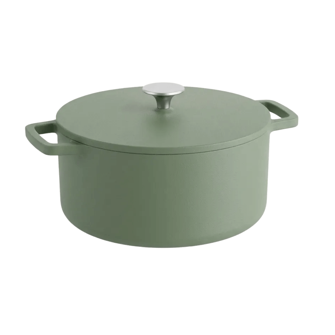 Cocotte en fonte verte de 28 cm avec couvercle et bouton couleur argent, capacité 6,5 litres.