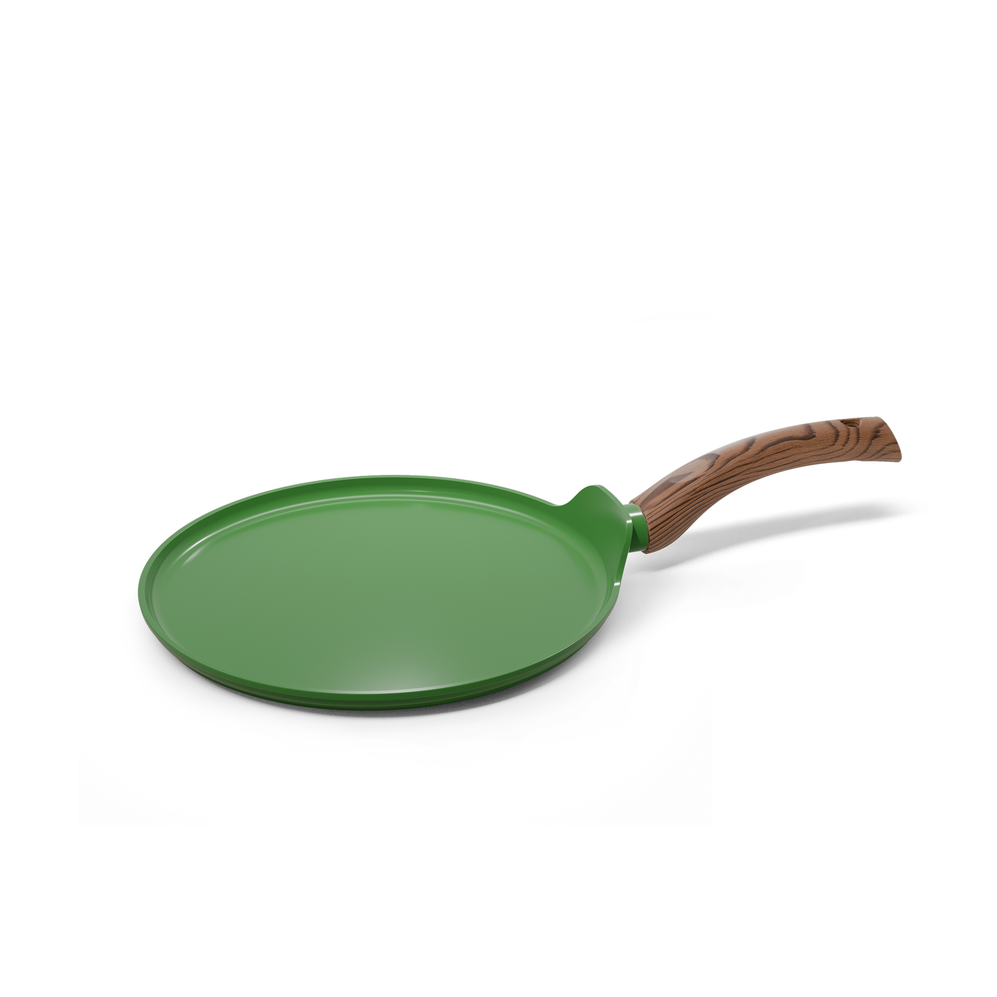Grøn pandekagepande på 28 cm med træhåndtag og non-stick belægning.