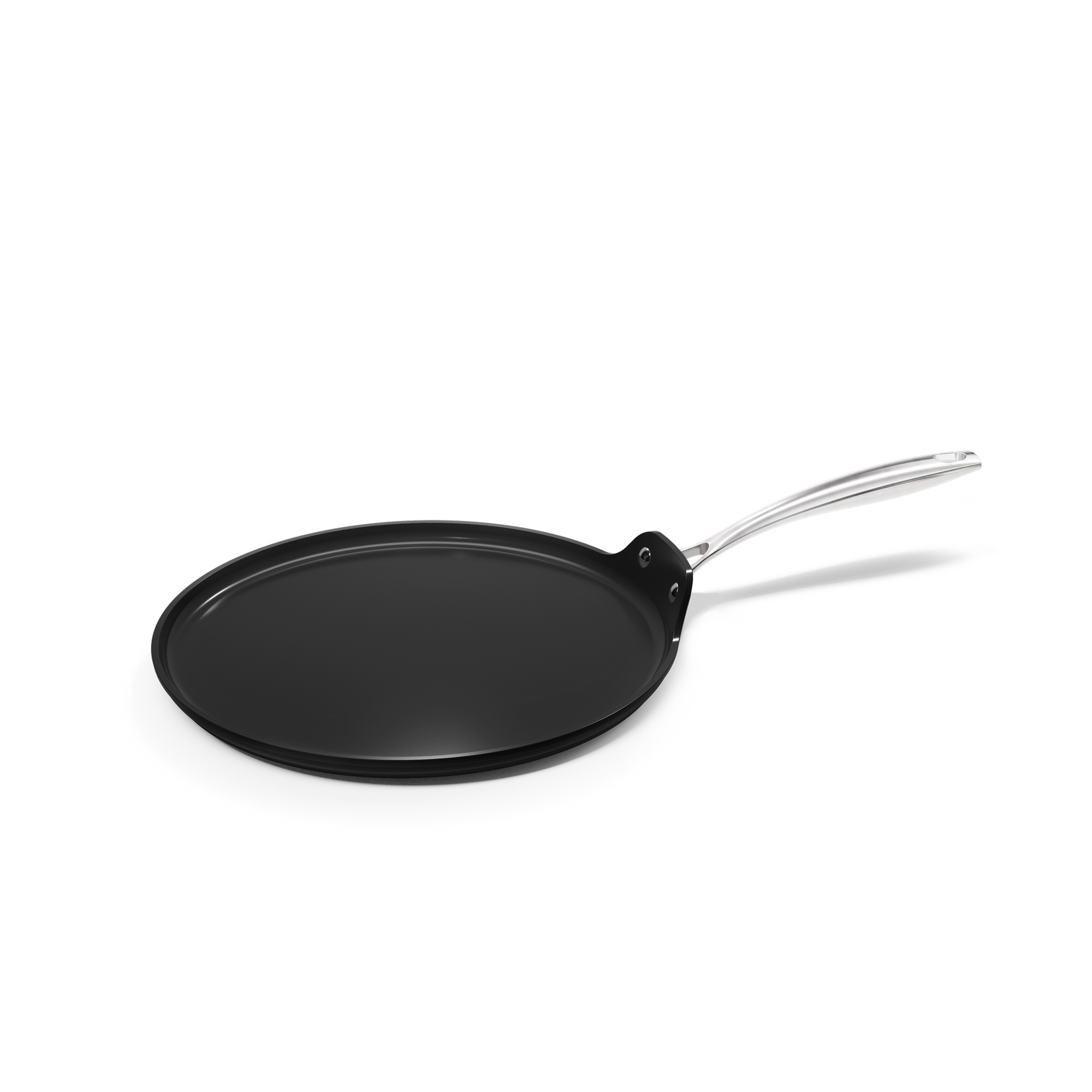 Poêle à crêpes noire antiadhésive de 28 cm de diamètre avec poignée métallique argentée.