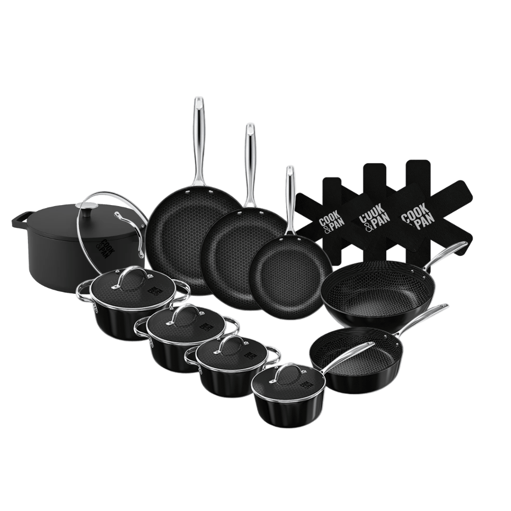 Batterie de cuisine noire de 12 pièces avec couvercles en verre et revêtement antiadhésif, incluant casseroles et marmite à soupe avec poignées solides.
