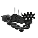 Black 12-piece cookware set with glass lids and non-stick coating, including saucepans and soup pot with sturdy handles.