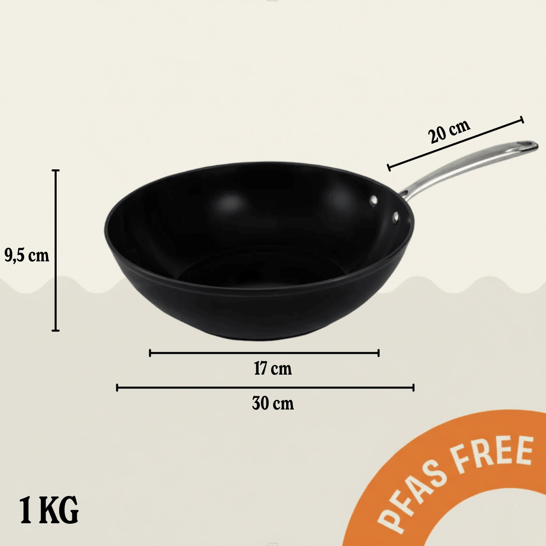 Poêle wok noire de 30 cm avec poignée en acier inoxydable et fond rond profond, Sans PFAS.