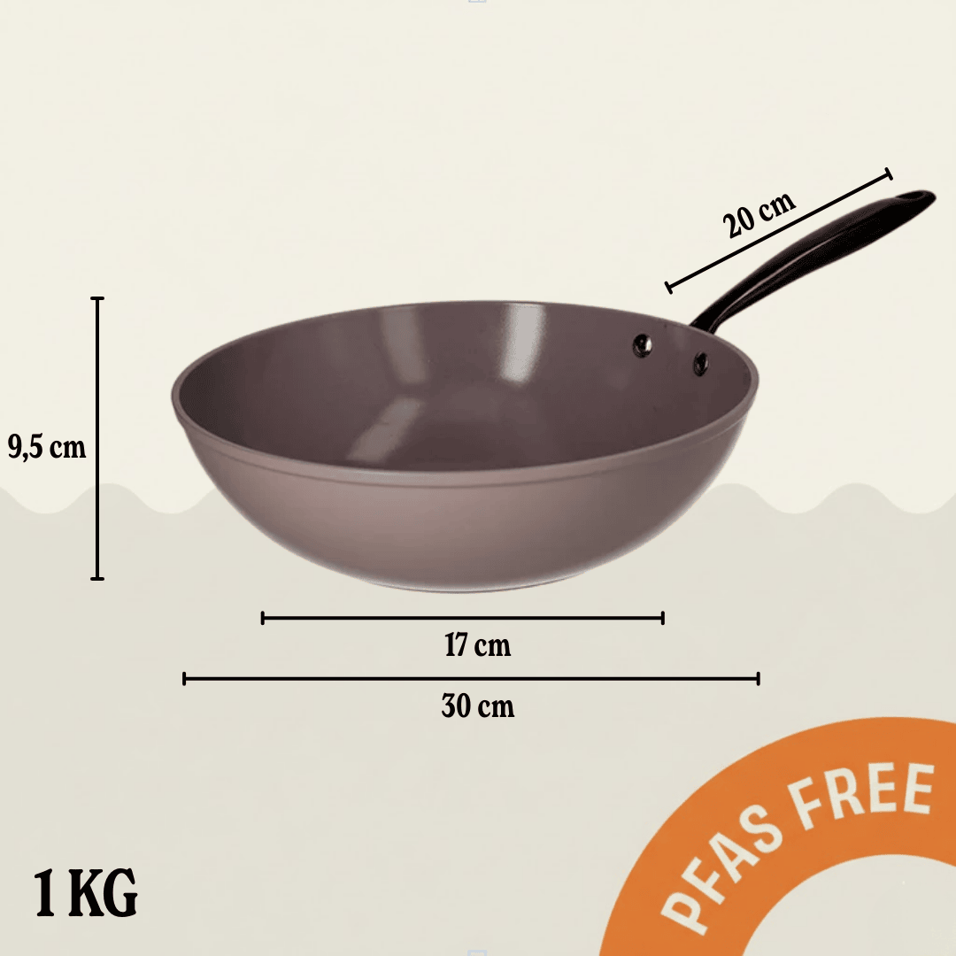 Poêle wok couleur taupe de 30 cm avec revêtement antiadhésif et poignée noire, hauteur 9,5 cm.