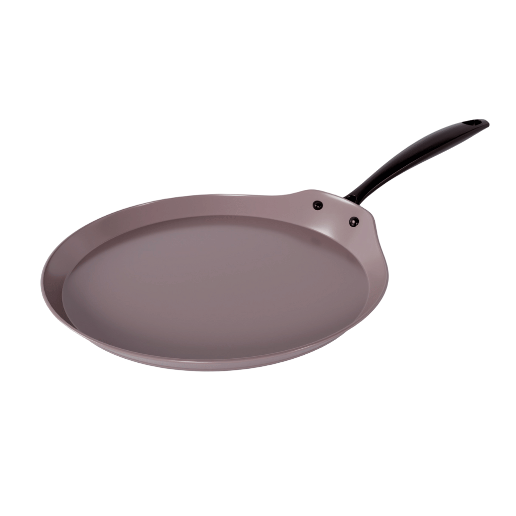 Poêle à crêpes taupe de 28 cm avec revêtement antiadhésif et poignée noire.