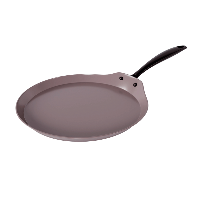 Poêle à crêpes taupe de 28 cm avec revêtement antiadhésif et poignée noire.