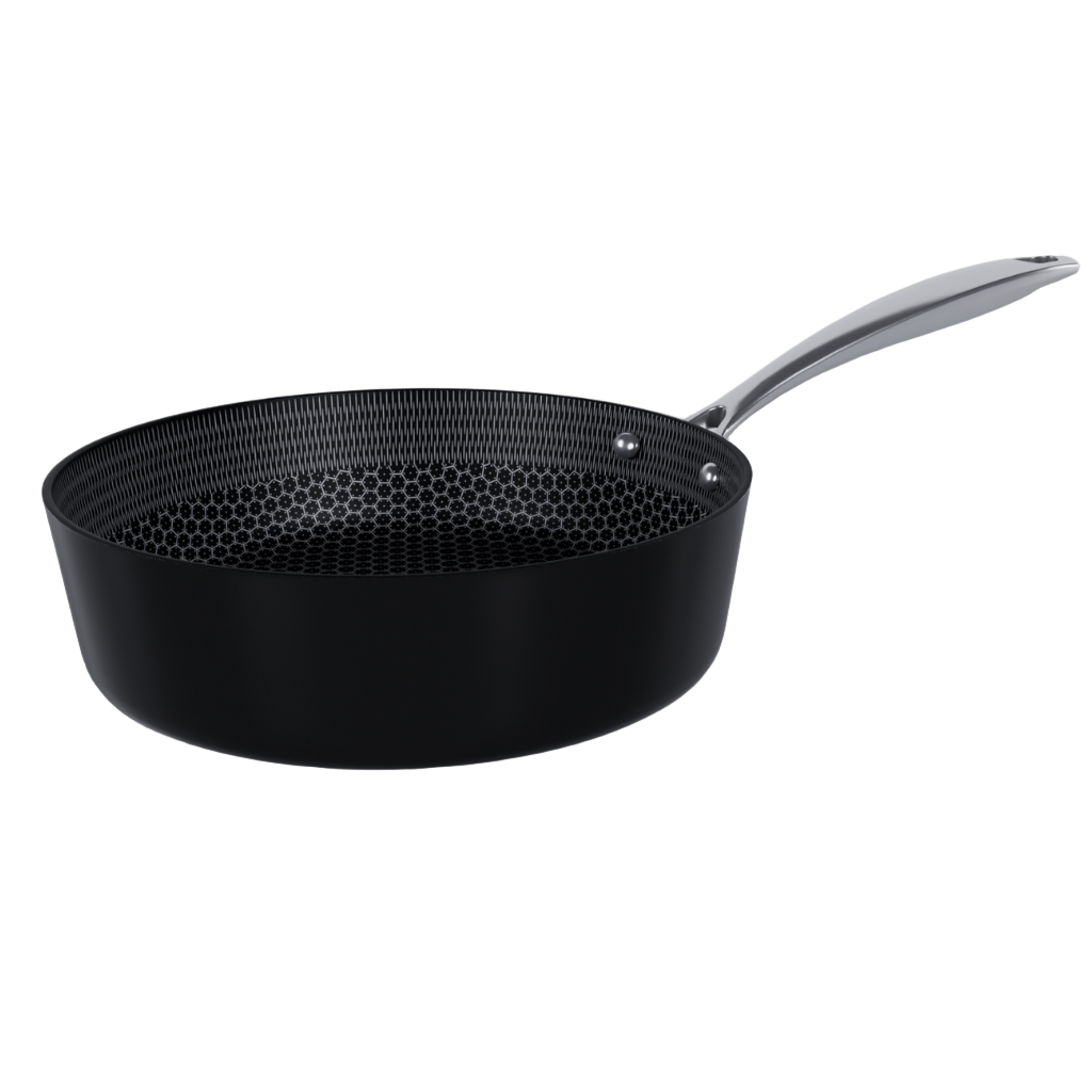 Zwarte hapjespan 24 cm met honingraat anti-aanbaklaag en RVS handgreep.