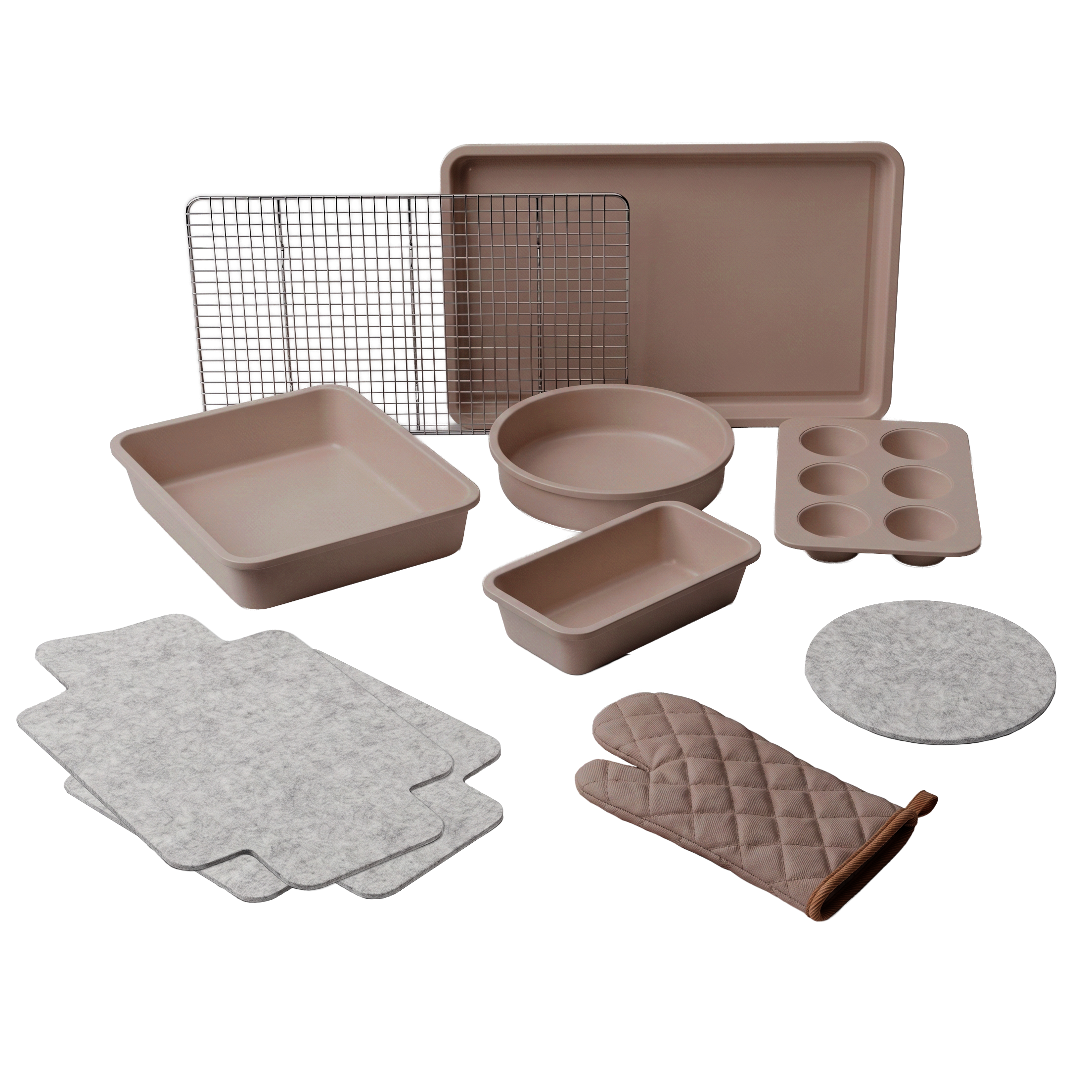 Taupe negen delige bakset met bakvormen, ovenwanten en onderzetters in zachte aardetint.