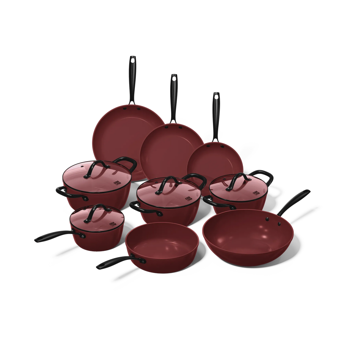 Cherry pannenset 9-delig: bordeauxrode keramische koekenpannen, kookpannen met glazen deksels, steelpan, hapjespan en wokpan