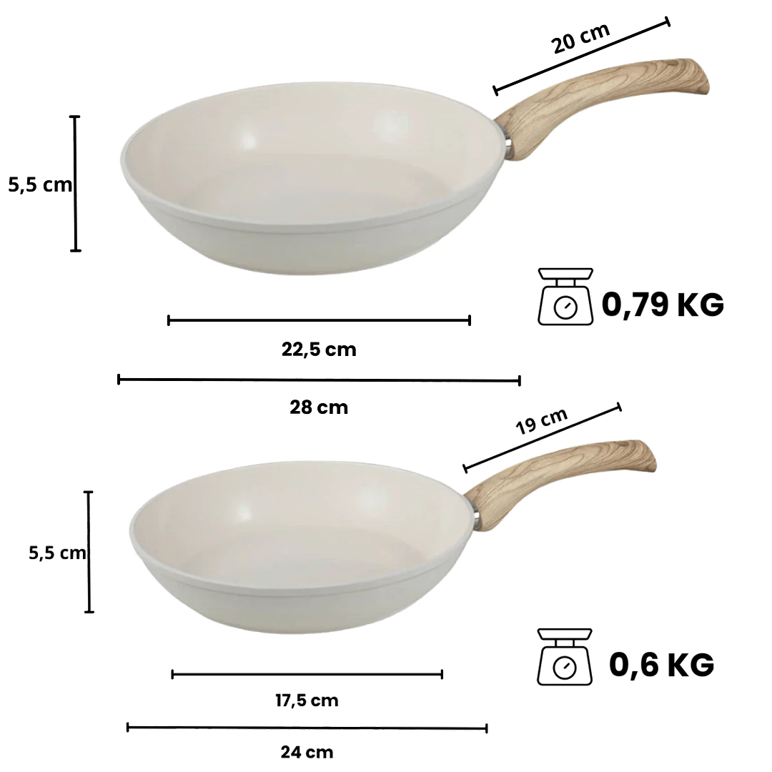 Ensemble de 2 poêles couleur ivoire avec poignées couleur bois, diamètres 22,5 cm et 28 cm.
