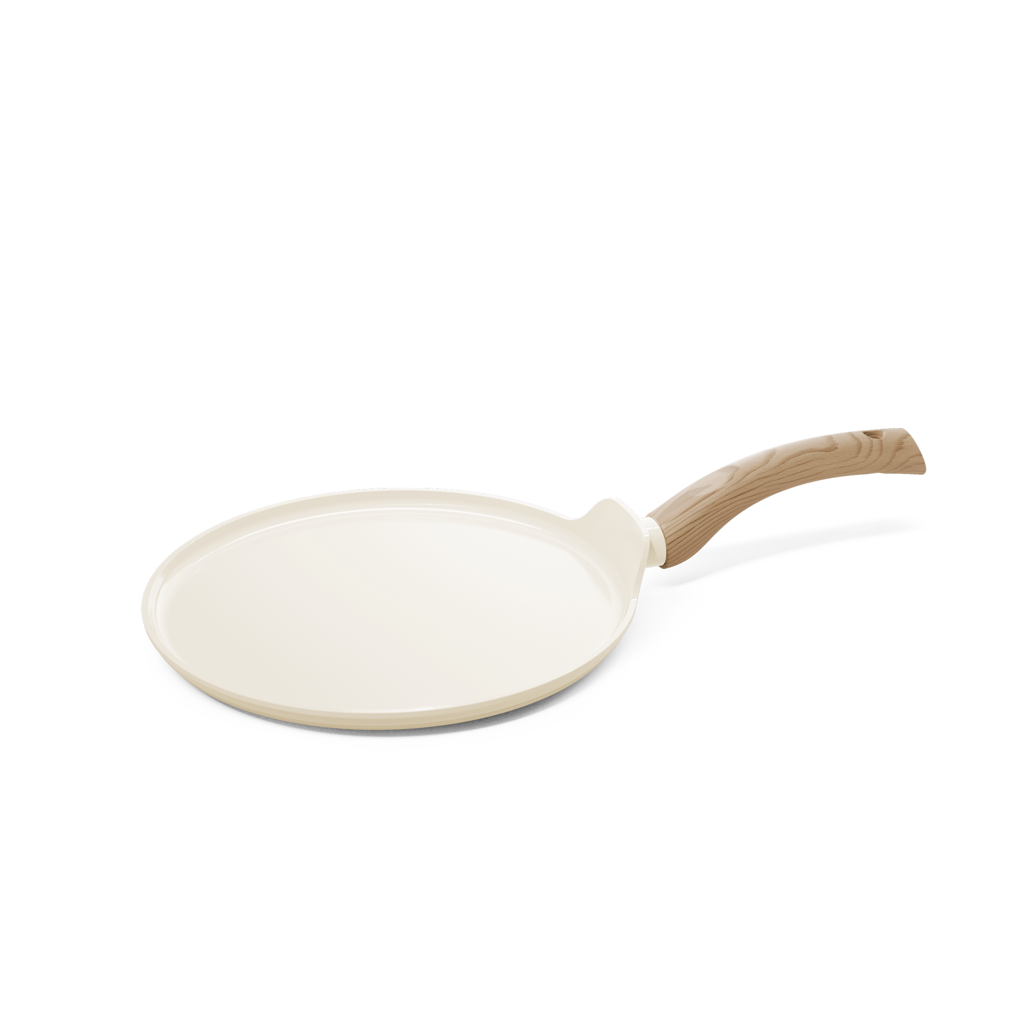 Witte pannenkoekenpan van 28 cm met antiaanbaklaag en houten handgreep.