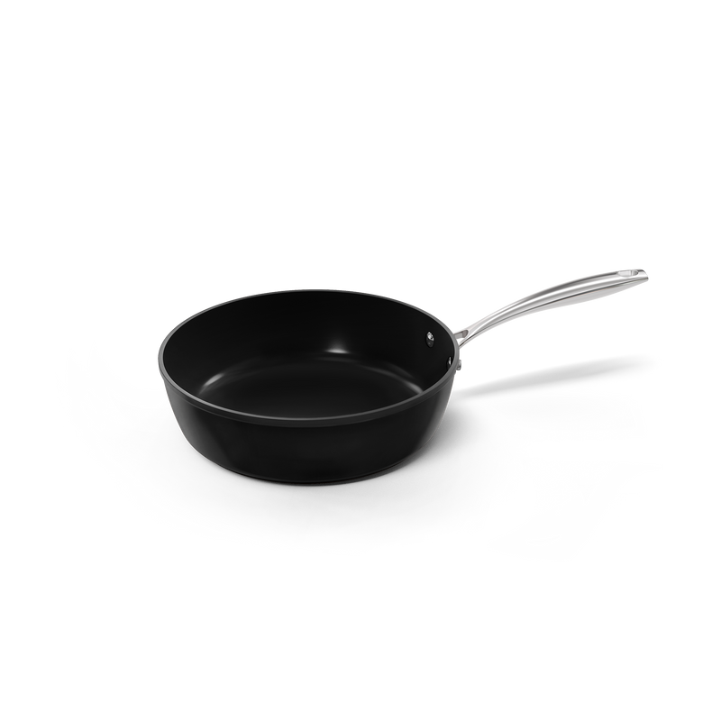 Sort sautépande med lige sider og langt håndtag i rustfrit stål, 24 cm.