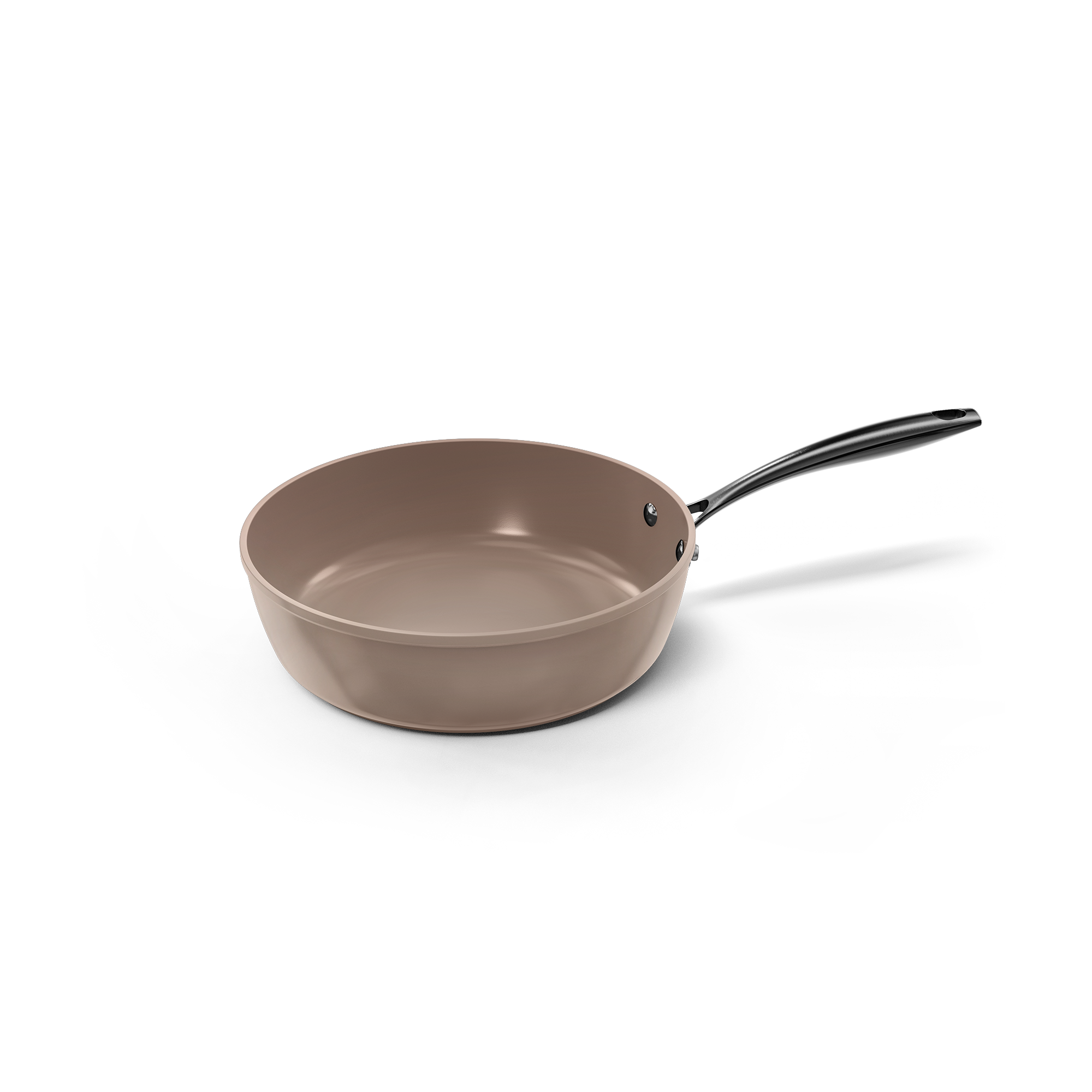 Sauteuse taupe 24 cm avec longue poignée noire et revêtement antiadhésif.