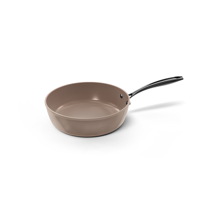 Sauteuse taupe 24 cm avec longue poignée noire et revêtement antiadhésif.