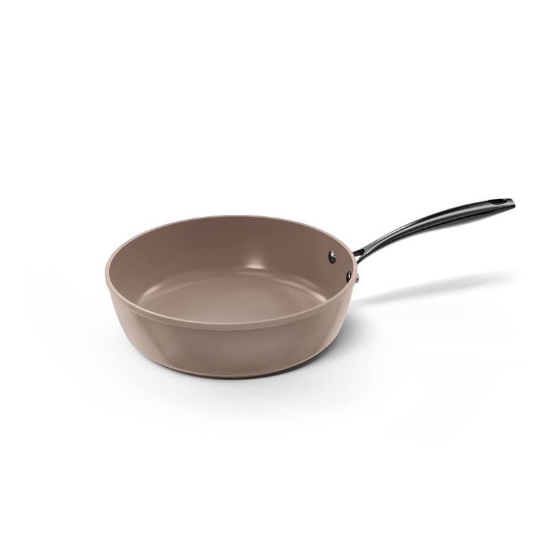 Taupe sauté pan 28 cm with long metal handle and smooth interior.