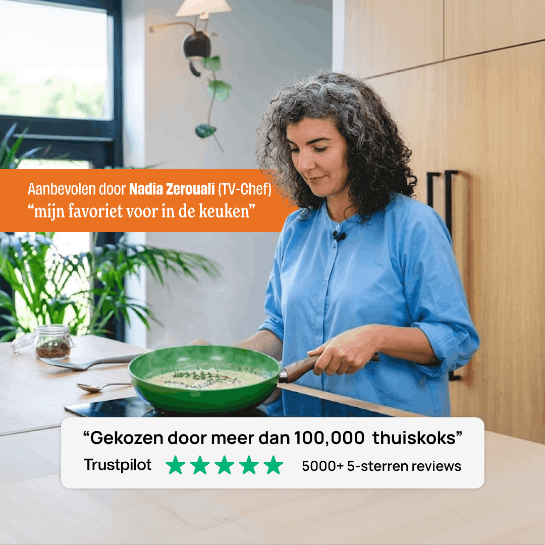 TV-Köchin Nadia Zerouali kocht mit einem grünen Signature Induktionsadapter in einer modernen Küche