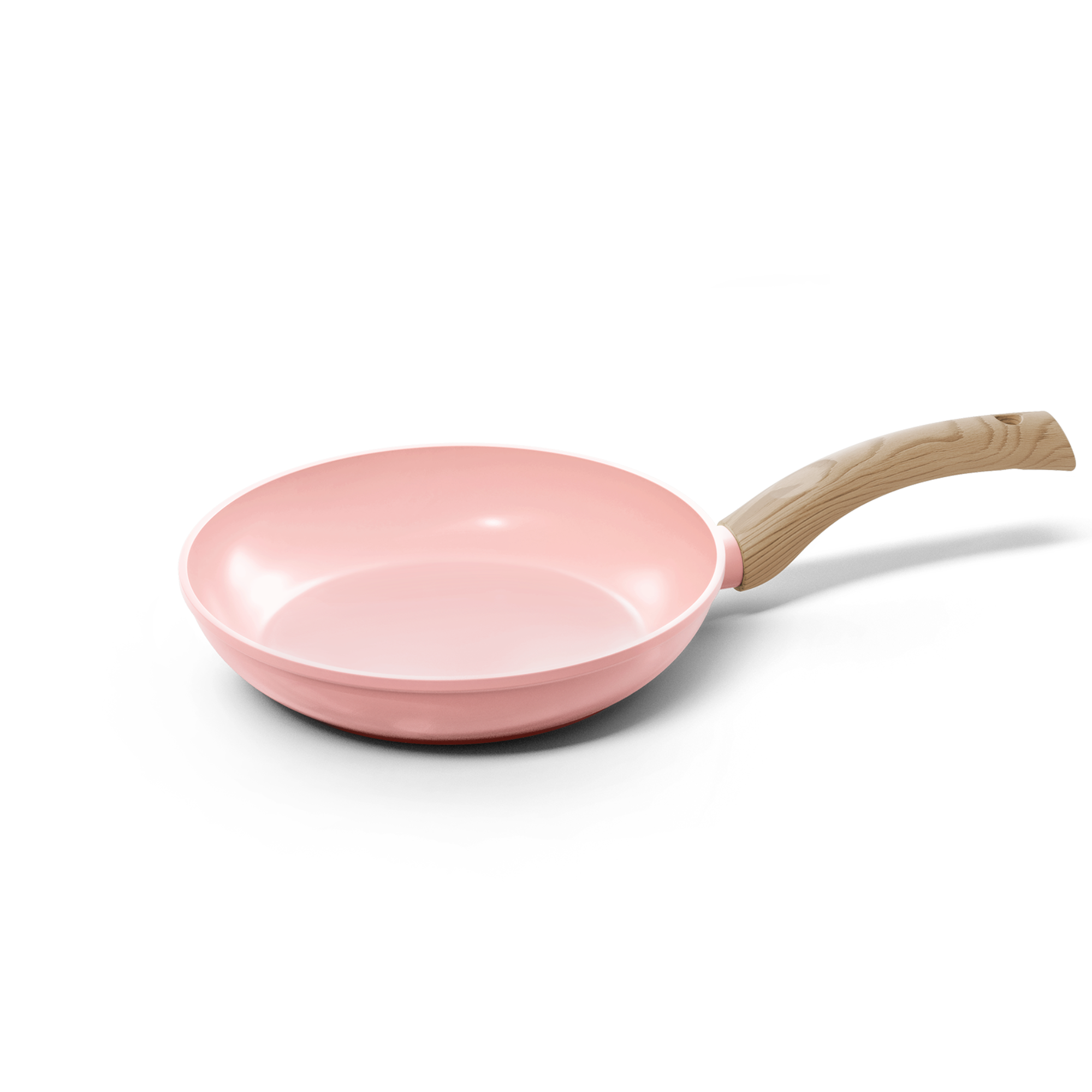 Poêle rose avec revêtement antiadhésif et manche en bois clair, diamètre 28 cm.