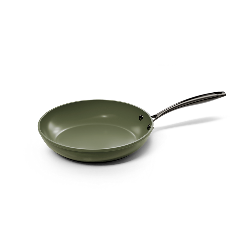 Dark green 28 cm frying pan with long metal handle and non-stick coating.