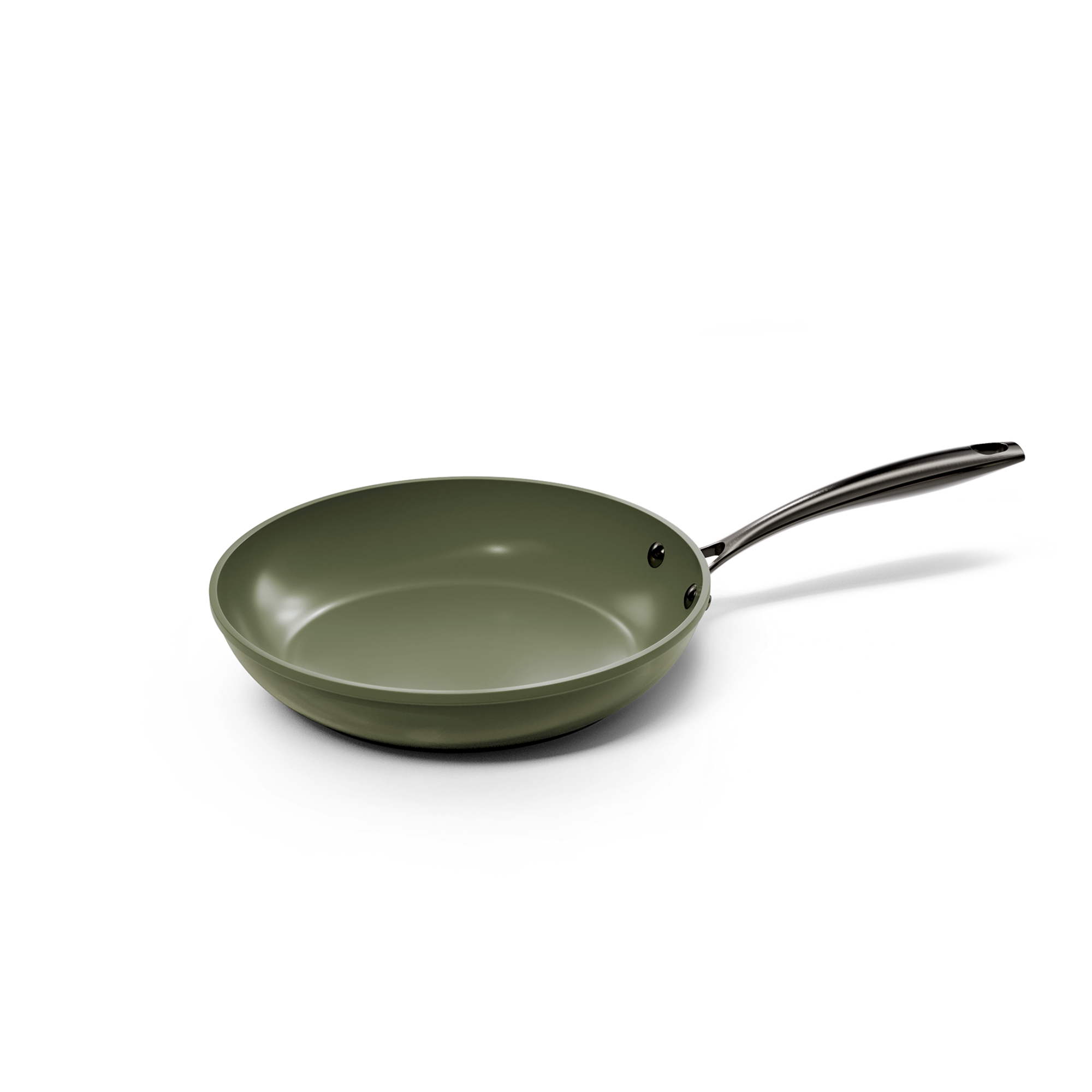 Dark green frying pan 24 cm with metallic handle and smooth interior.