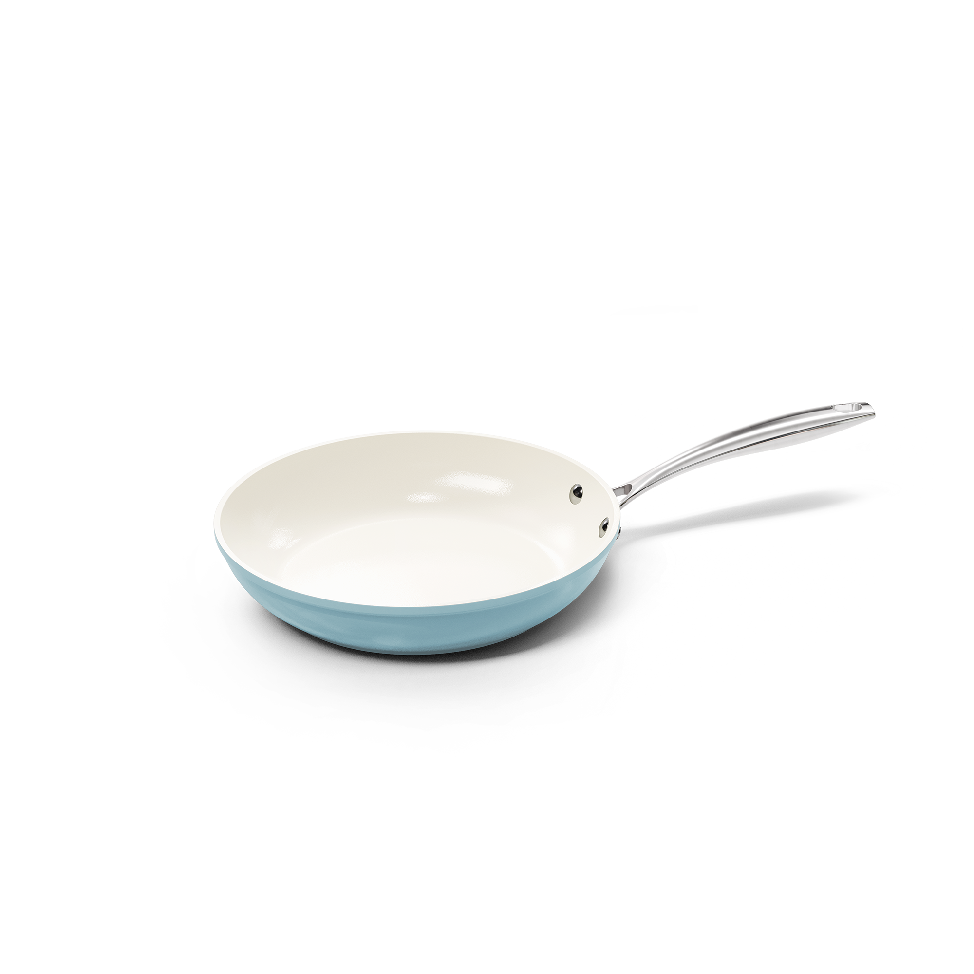 Blue frying pan 20 cm with white ceramic interior and metal handle.