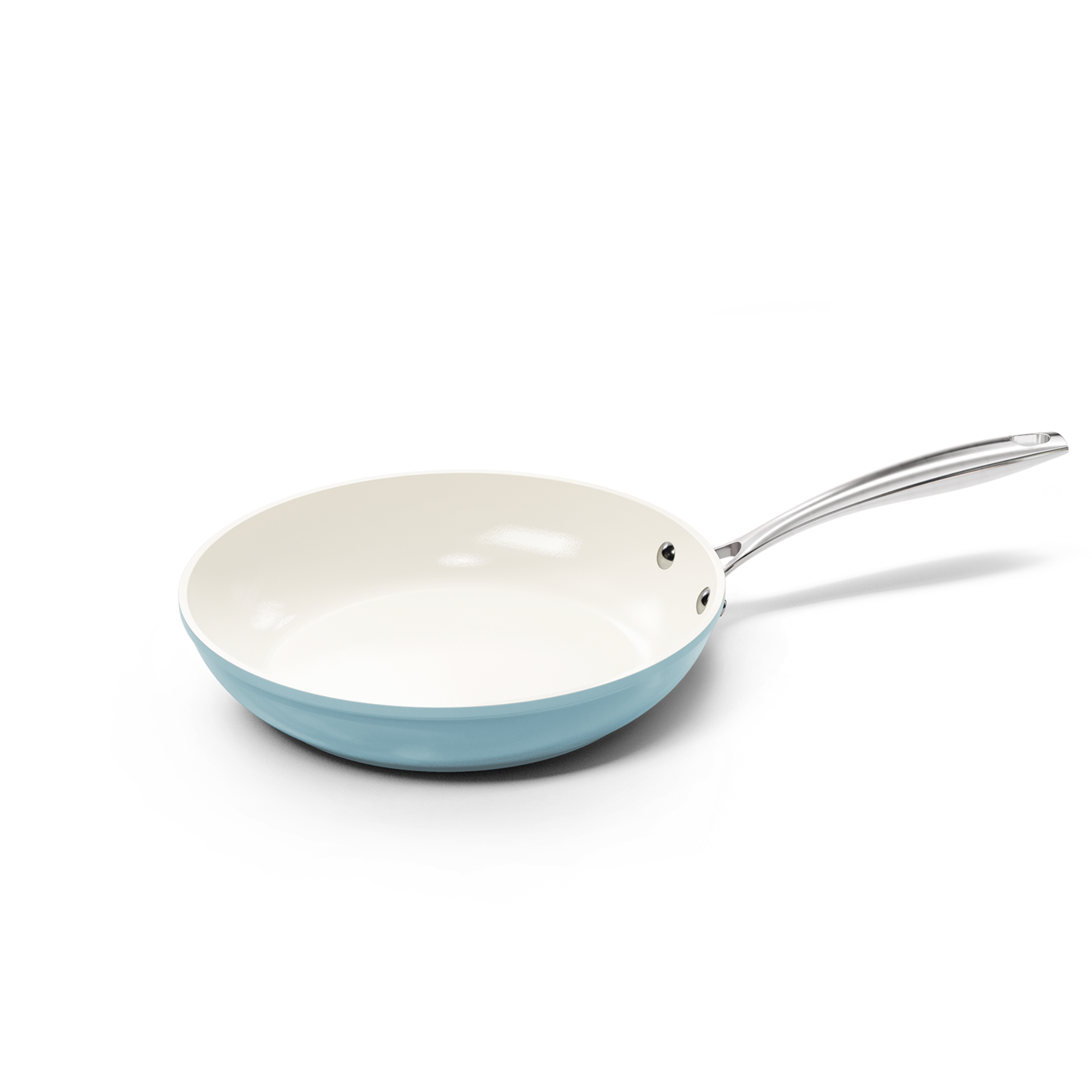 Blue frying pan 28 cm with white ceramic interior and metal handle.