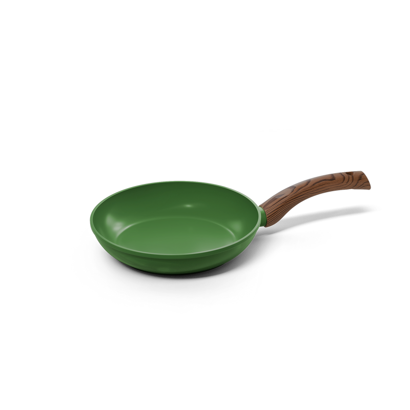 Green 20 cm frying pan with non-stick coating and wooden handle.