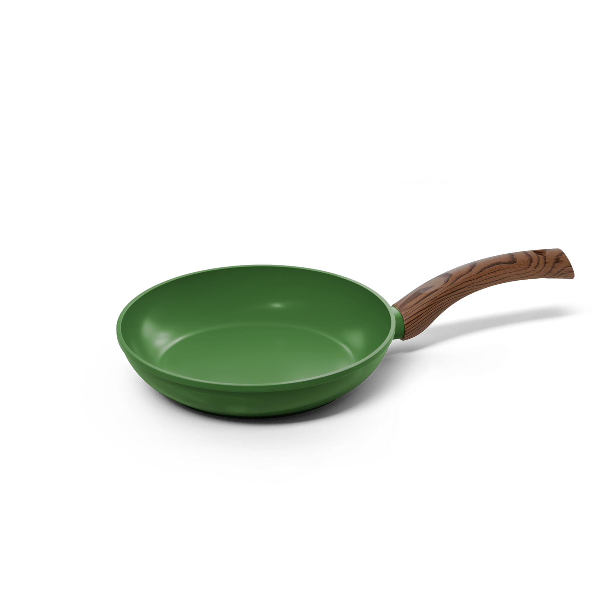 Green frying pan with non-stick coating and wood-look handle, diameter 24 cm.