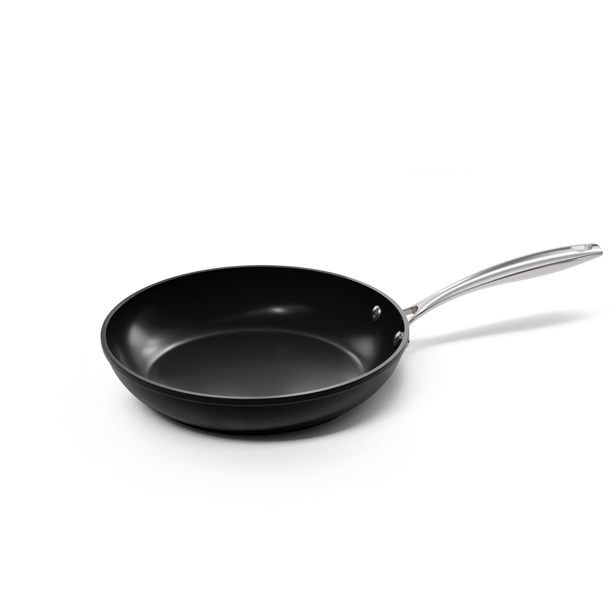 Poêle noire de 28 cm avec poignée en métal et revêtement antiadhésif.