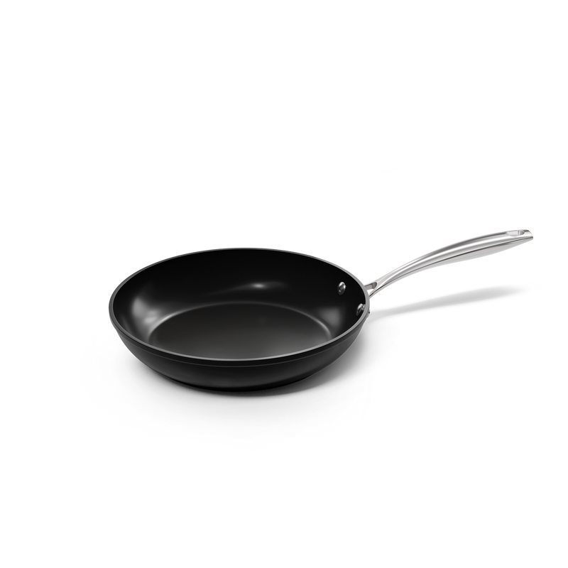 Poêle noire de 24 cm avec revêtement antiadhésif et poignée en acier inoxydable.