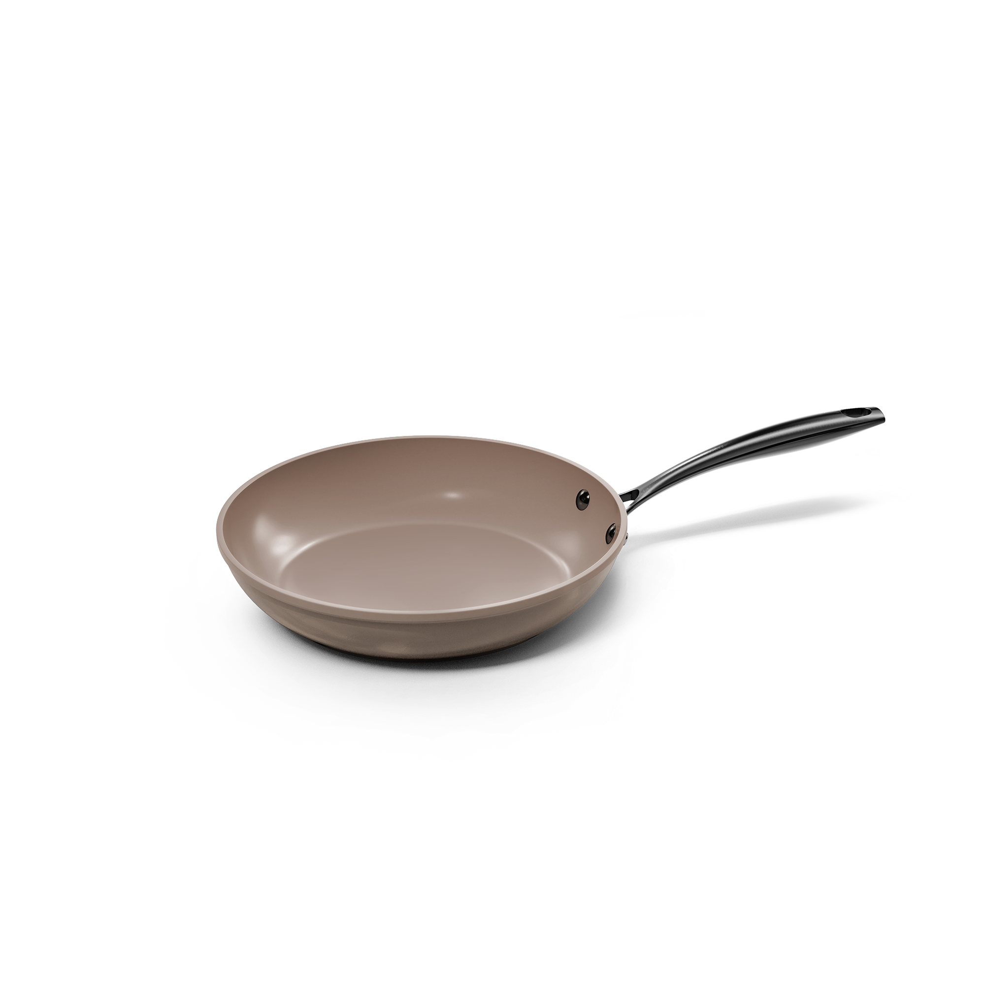 Taupe keramische koekenpan 20 cm met zwarte handgreep en afgeronde rand.