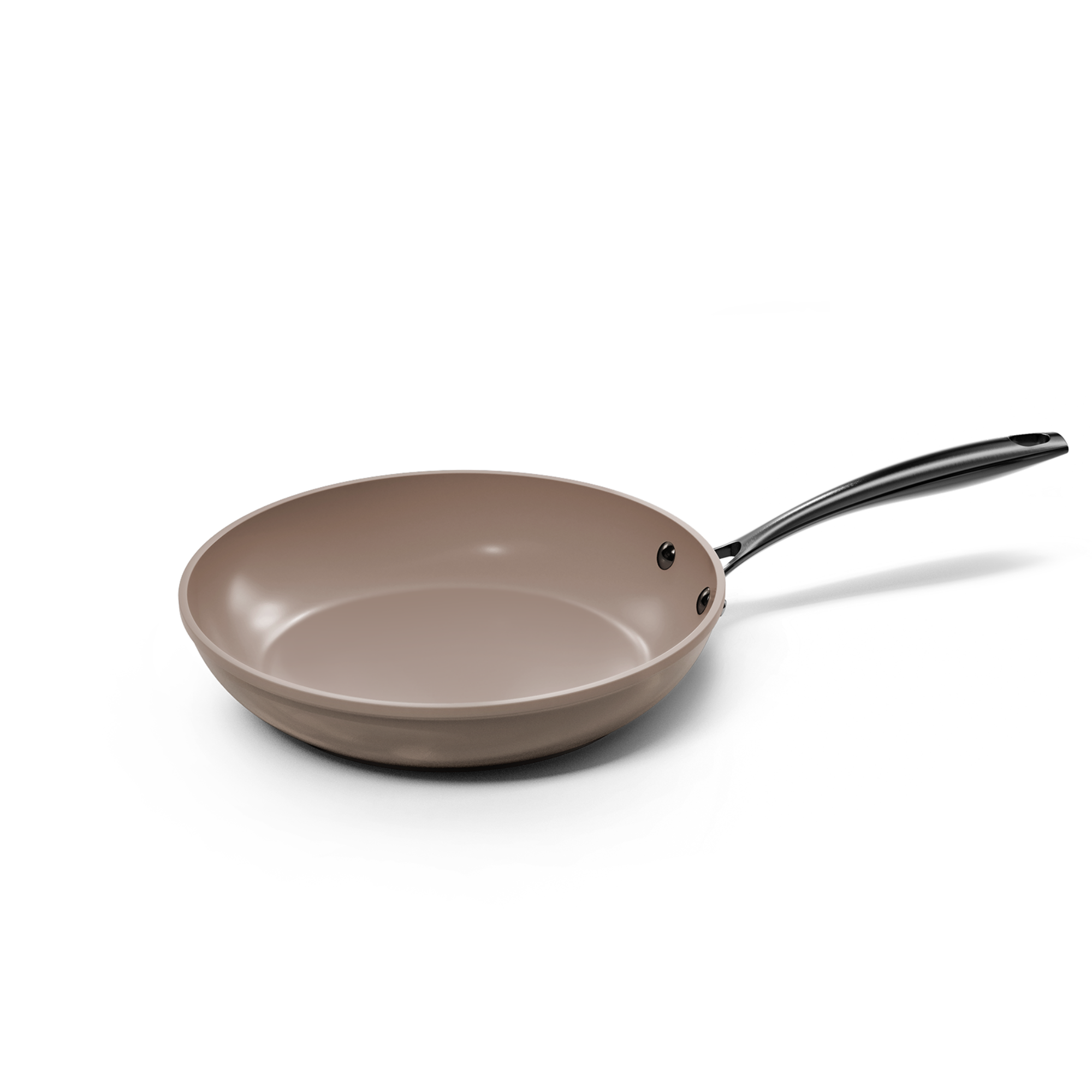 Taupe-colored 28 cm frying pan with non-stick coating and black handle.