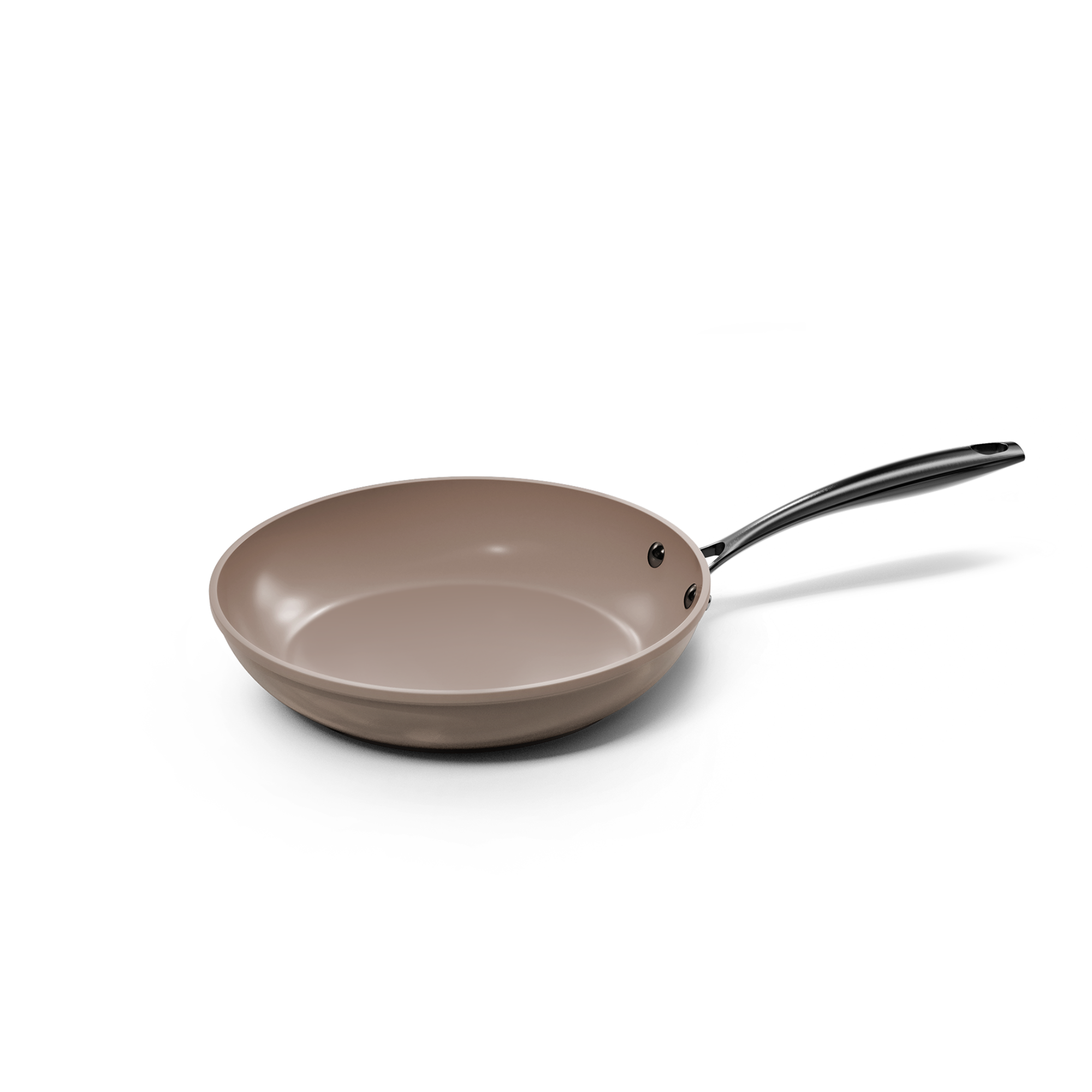 Taupe-colored frying pan of 24 cm with non-stick coating and black handle.