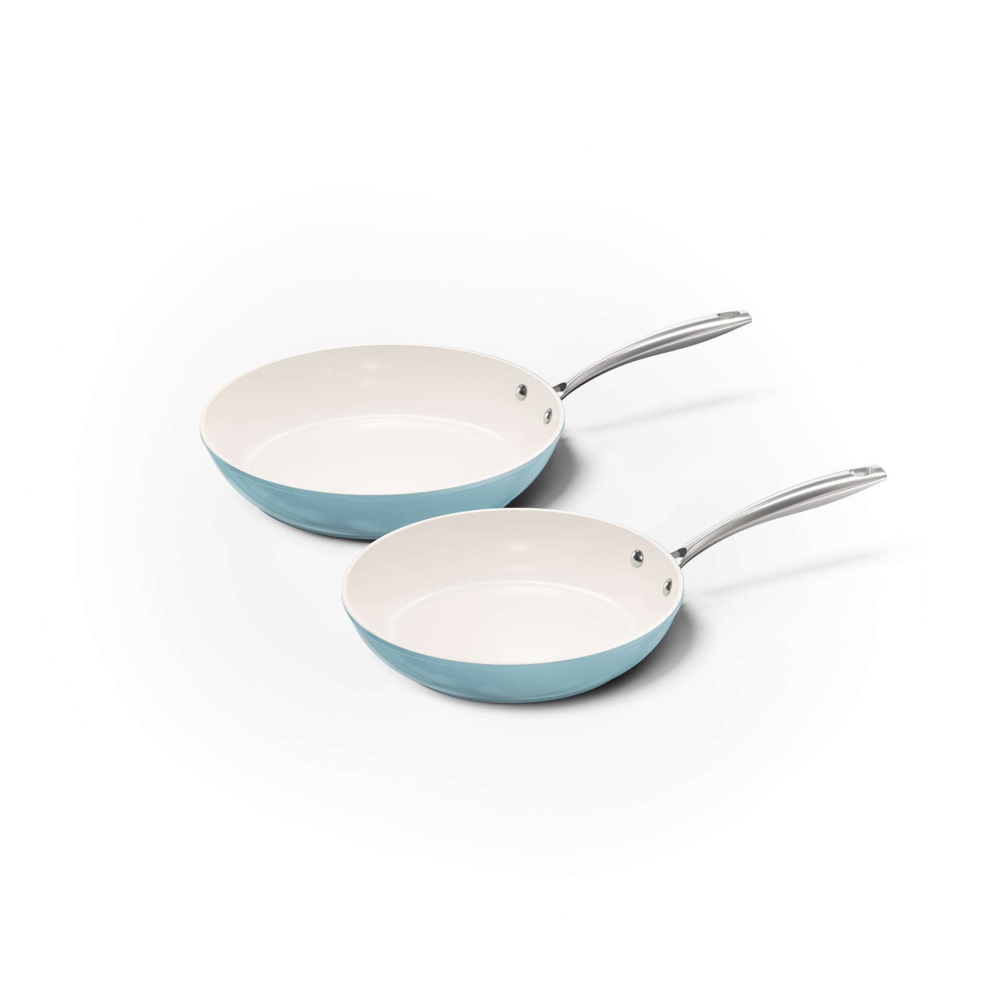 Blue 2-piece frying pan set with white ceramic non-stick coating and metal handles.