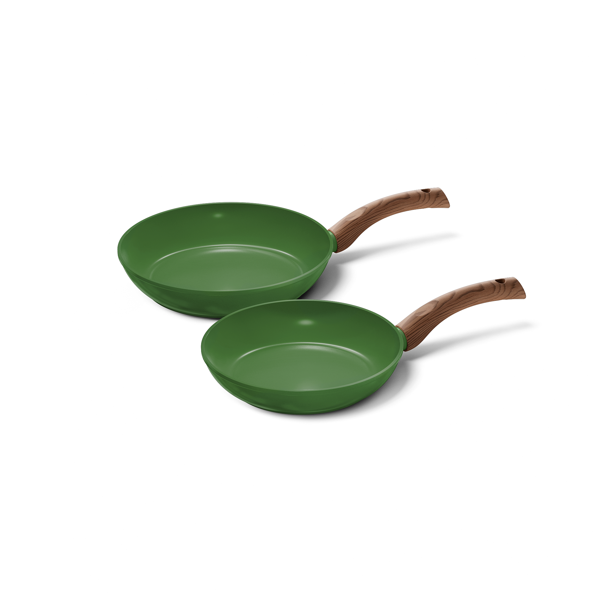 Set of two green frying pans with wooden handles in different sizes.